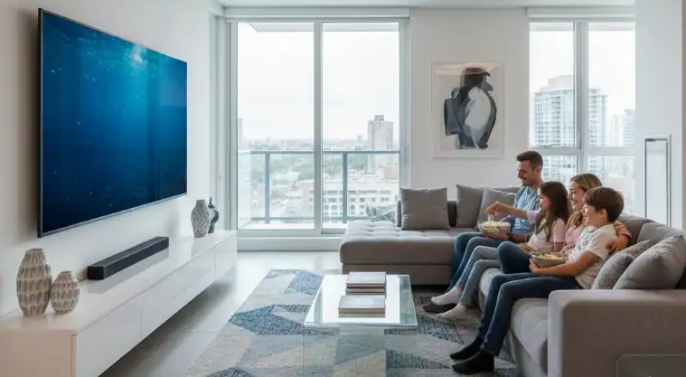 salon moderne famille regarde TV 4K
