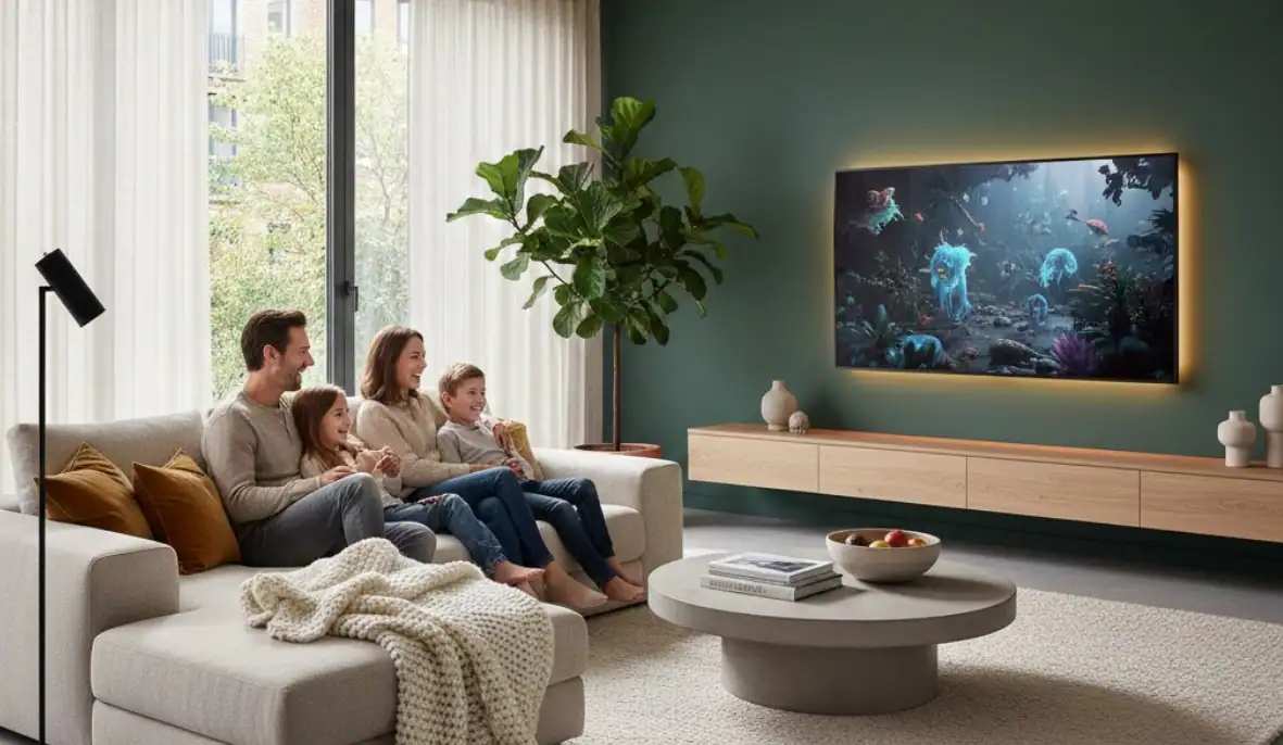 salon moderne famille regarde TV 4K