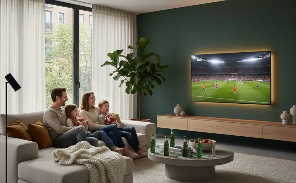 famille regarde match football tv salon soir